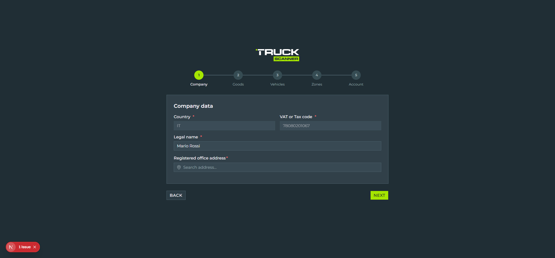 Step 1 of 5 of the carrier registration wizard: progress bar «1 Company 2 Goods 3 Vehicles 4 Zones 5 Account» with first lime circle, «Company data» card with fields Country «IT» disabled, VAT or Tax code «78080201067» disabled, Legal name pre-filled «Mario Rossi», Registered office address with placeholder «Search address...», BACK and NEXT lime buttons