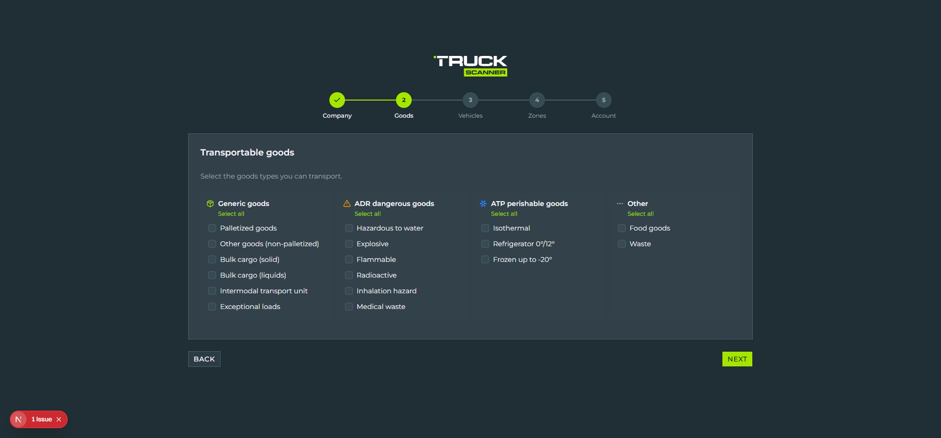 Step 2 of 5 of the carrier registration wizard: progress bar with first circle ticked and second lime active, «Transportable goods» card with subtitle «Select the goods types you can transport.», 4 columns — Generic goods (Palletized goods, Other goods (non-palletized), Bulk cargo (solid), Bulk cargo (liquids), Intermodal transport unit, Exceptional loads), ADR dangerous goods (Hazardous to water, Explosive, Flammable, Radioactive, Inhalation hazard, Medical waste), ATP perishable goods (Isothermal, Refrigerator 0°/12°, Frozen up to -20°), Other (Food goods, Waste) — lime «Select all» link below each title, BACK and NEXT buttons at the bottom
