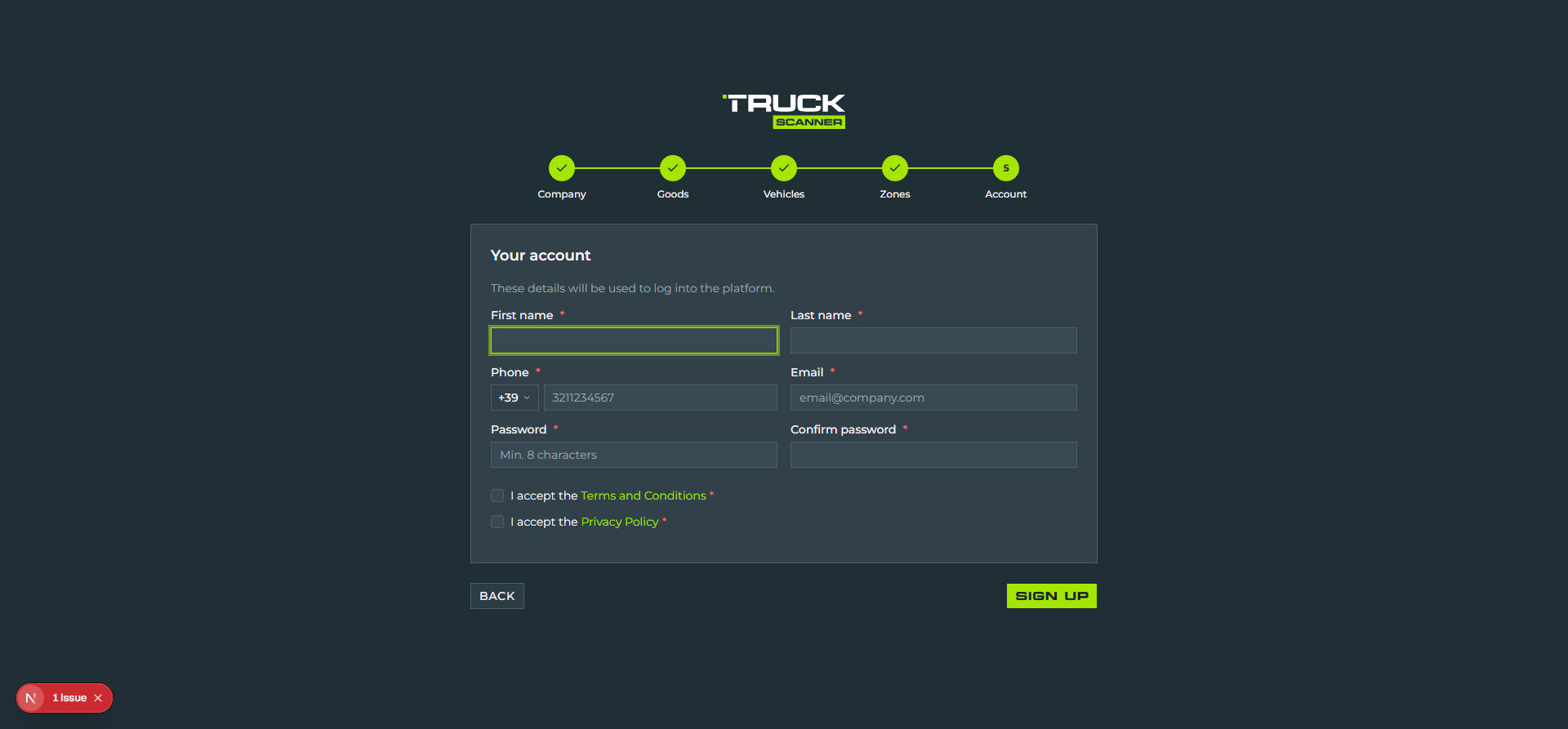 Step 5 of 5 of the carrier registration wizard: «Your account» card with subtitle «These details will be used to log into the platform.», fields First name, Last name, Phone +39 with placeholder «3211234567», Email with placeholder «email@company.com», Password «Min. 8 characters», Confirm password, two checkboxes at the bottom «I accept the Terms and Conditions» and «I accept the Privacy Policy» with lime links, BACK and SIGN UP lime buttons