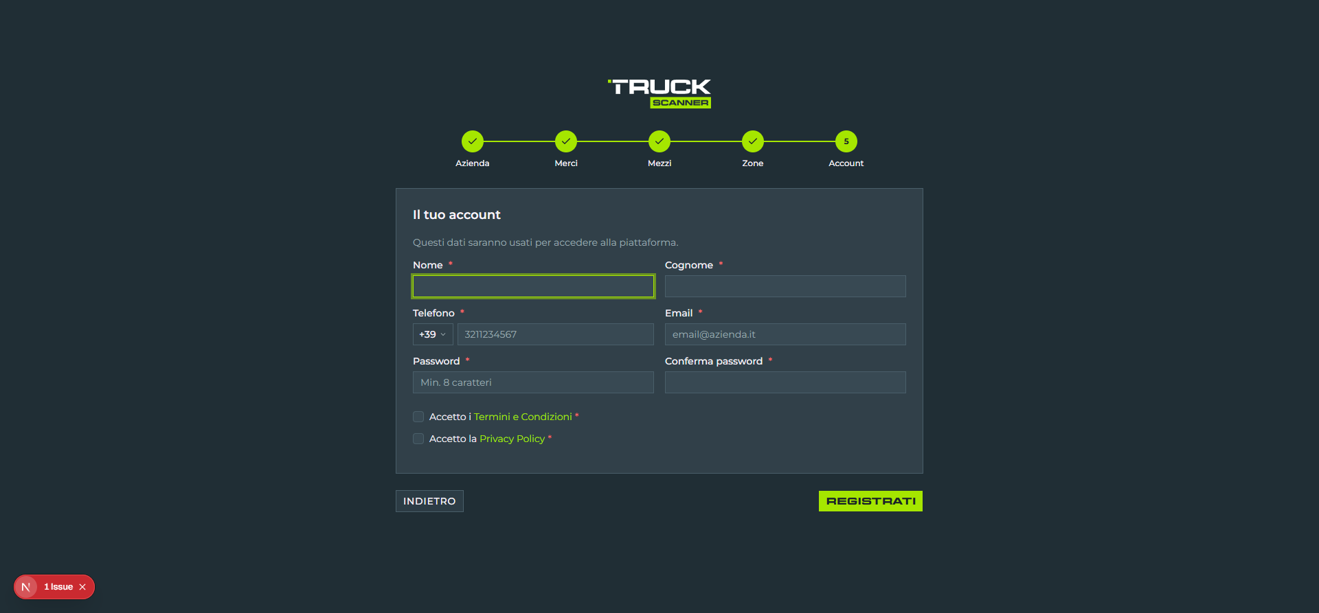 Step 5 di 5 del wizard di registrazione vettore: card «Il tuo account» con sottotitolo «Questi dati saranno usati per accedere alla piattaforma», campi Nome, Cognome, Telefono +39 con placeholder «3211234567», Email con placeholder «email@azienda.it», Password «Min. 8 caratteri», Conferma password, due checkbox in fondo «Accetto i Termini e Condizioni» e «Accetto la Privacy Policy» con link in lime, bottoni INDIETRO e REGISTRATI lime