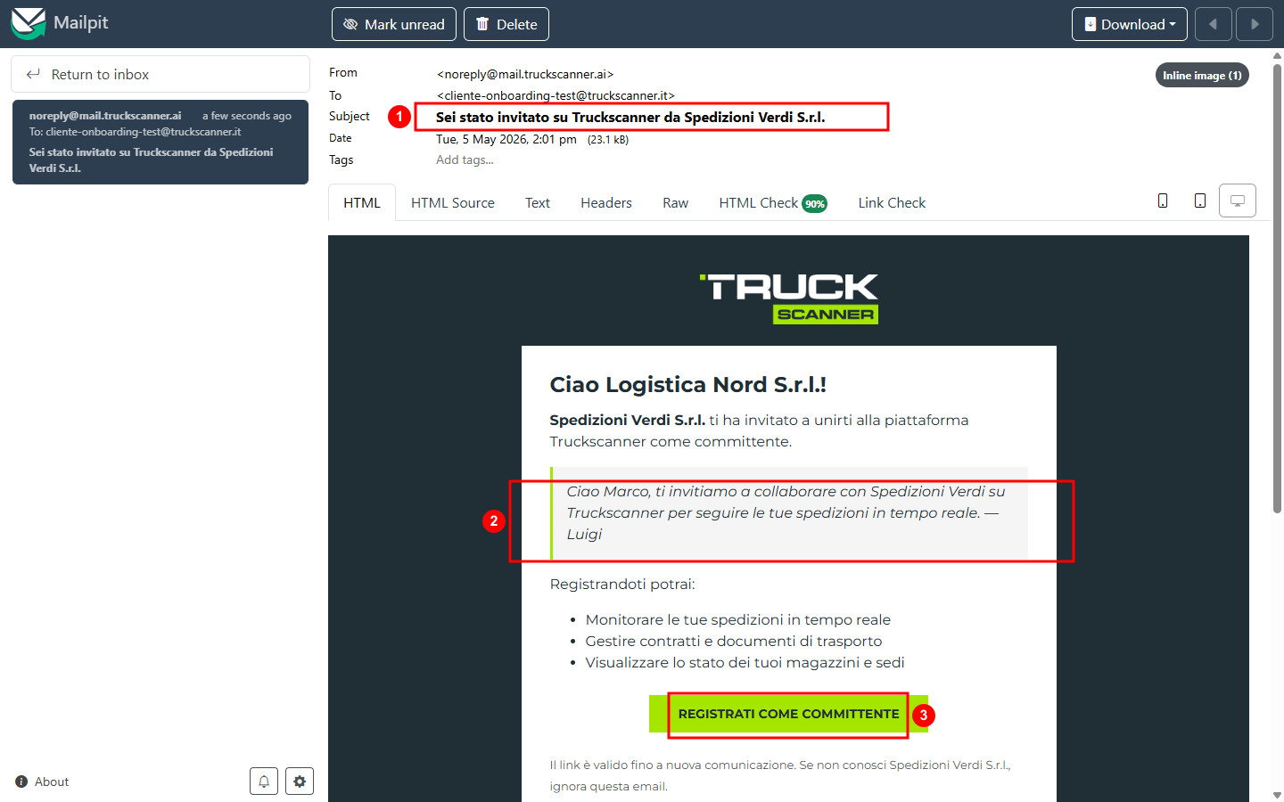 The invitation email received in your inbox: subject «Sei stato invitato su Truckscanner da Spedizioni Verdi S.r.l.» (1), the personal message left by the forwarder shown in a grey block with a lime side bar (2), and at the bottom the lime CTA button «REGISTRATI COME COMMITTENTE» (3)