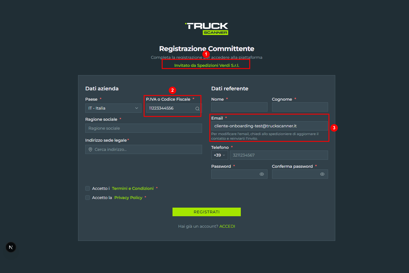 The client registration form when first opened from the link: header with the lime sub-heading «Invitato da Spedizioni Verdi S.r.l.» (1), in the left column the «P.IVA o Codice Fiscale» (VAT number) field pre-filled with your company VAT number (2), in the right column the «Email» field in read-only mode with the hint «Per modificare l'email, chiedi allo spedizioniere di aggiornare il contatto e reinviarti l'invito» below it (3)