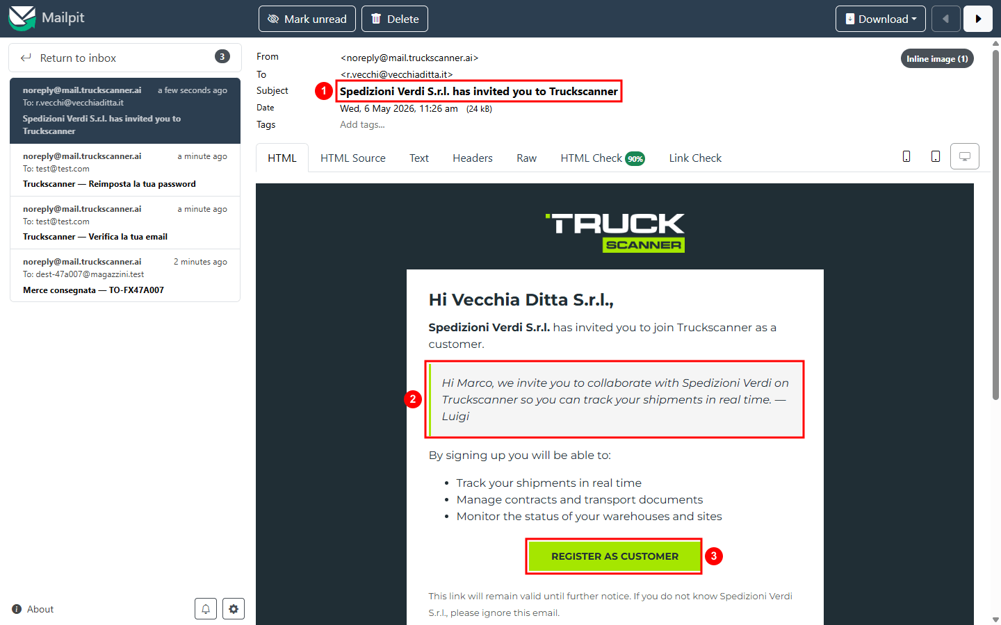 The invitation email received in your inbox: subject «Spedizioni Verdi S.r.l. has invited you to Truckscanner» (1), the personal message left by the forwarder shown in a grey block with a lime side bar (2), and at the bottom the lime CTA button «REGISTER AS CUSTOMER» (3)