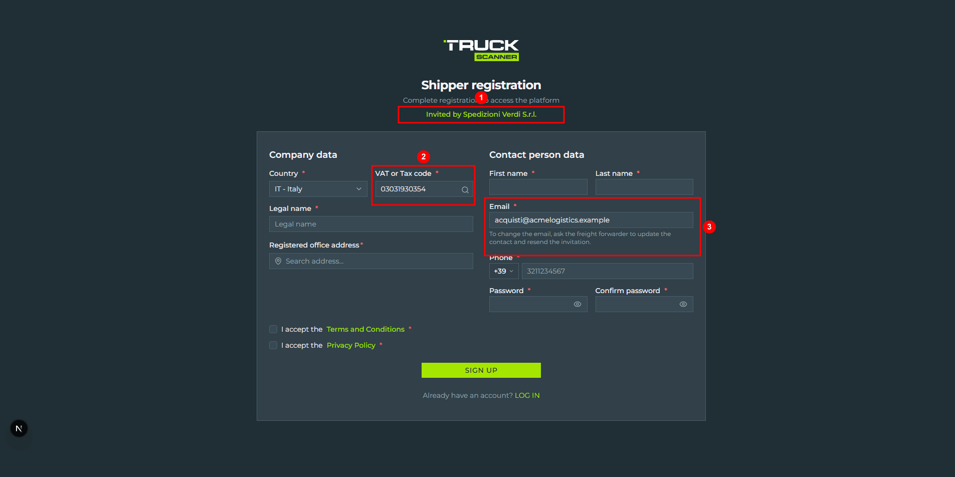The shipper registration form on first arrival from the link: header with the lime subtitle «Invited by Spedizioni Verdi S.r.l.» (1); on the left column the «VAT or Tax code» field is pre-filled with your company VAT (2); on the right column the «Email» field is read-only with the hint «To change the email, ask the freight forwarder to update the contact and resend the invitation» (3)