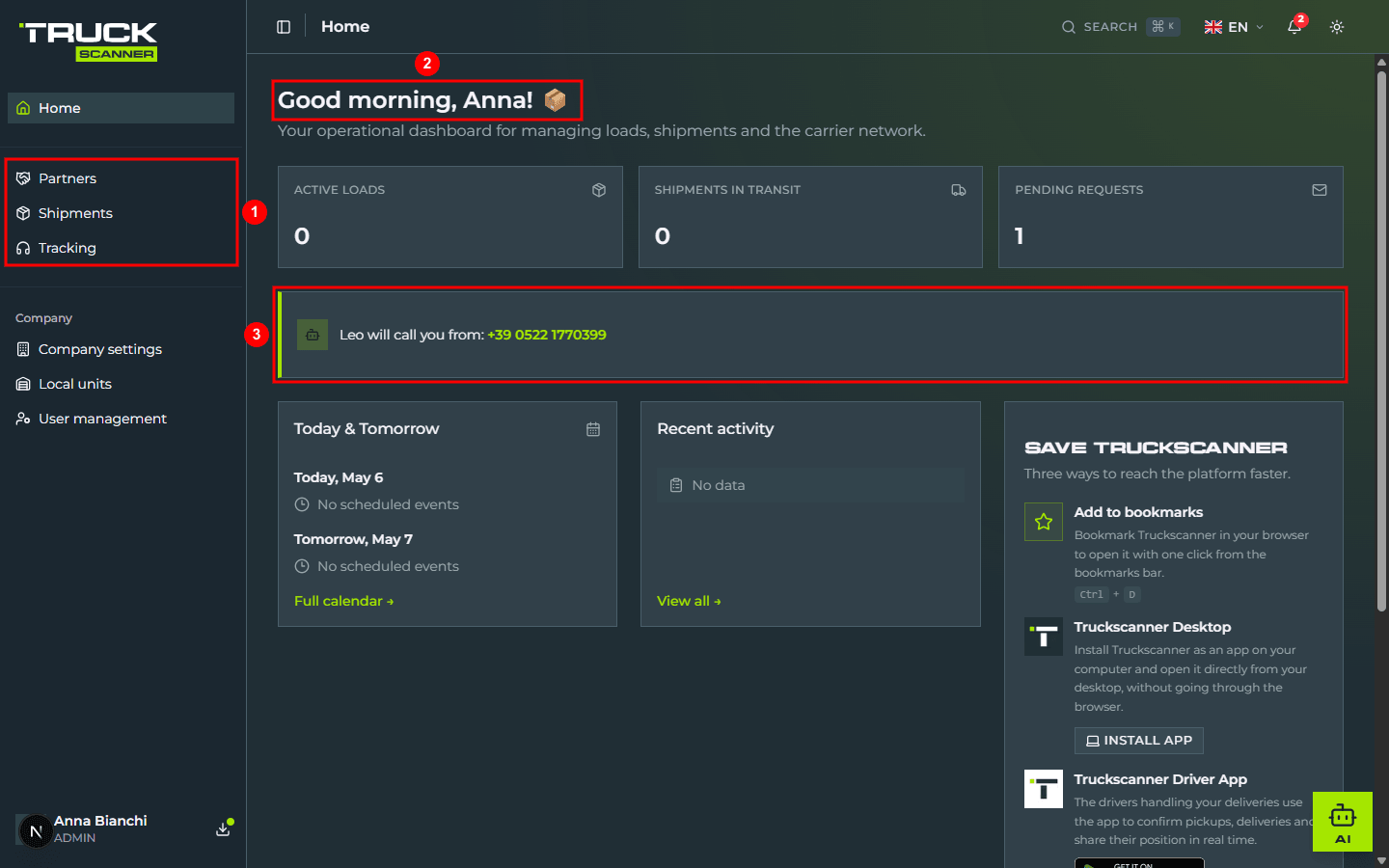 The shipper dashboard home on first access: in the sidebar the three operational entries «Partners», «Shipments», «Tracking» (1), at the top the dynamic greeting «Good morning, Anna!» with package emoji (2), and a lime bar with the message «Leo will call you from: +39 0522 1770399» (3)
