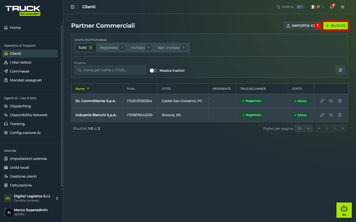 La pagina «Partner Commerciali» con il bottone lime «+ NUOVO» evidenziato in alto a destra (1), accanto al bottone «IMPORTA CSV». In tabella sono già presenti due clienti registrati su Truckscanner.