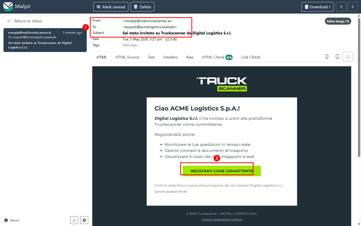 L'email NC-A04 «Invito committente» vista in Mailpit: in alto i metadati mittente (`noreply@mail.truckscanner.ai`), destinatario (`acquisti@acmelogistics.example`) e oggetto «Sei stato invitato su Truckscanner da Digital Logistics S.r.l.» (1). Nel corpo il logo Truckscanner, il saluto «Ciao ACME Logistics S.p.A.!», la frase di invito con lo spedizioniere in grassetto, la lista benefici e il bottone CTA lime «REGISTRATI COME COMMITTENTE» (2). In fondo il footer con la nota di validità del link e il copyright.