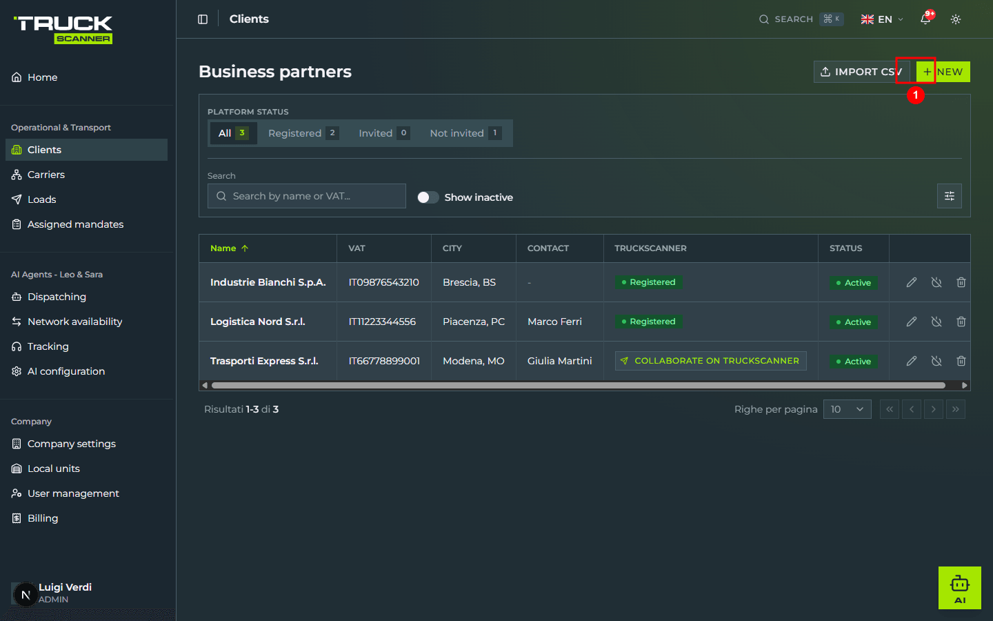 The «Business partners» page with the lime «+ NEW» button highlighted at the top right (1), next to the «IMPORT CSV» button. Three clients are shown in the table including some already registered and one with the «COLLABORATE ON TRUCKSCANNER» button.