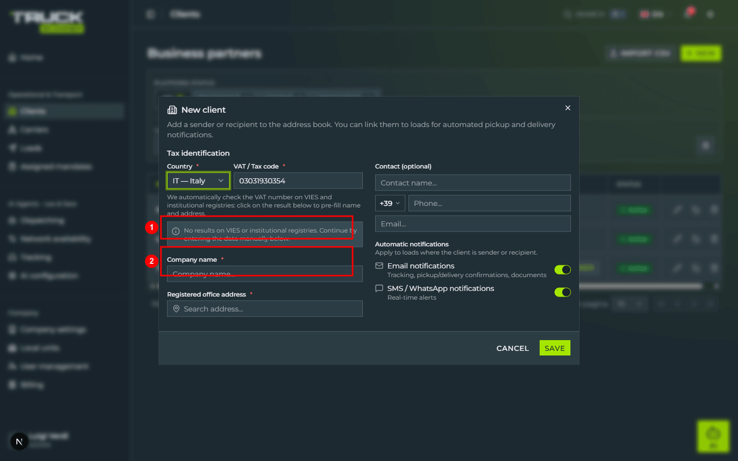 The «New client» dialog with a VAT entered. The status row reads «No results on VIES or institutional registries. Continue by entering the data manually below.» (1) and the «Company name» field is empty waiting for manual input (2). On the right the Contact section is empty and the two toggles «Email notifications» and «SMS / WhatsApp notifications» are both on by default.