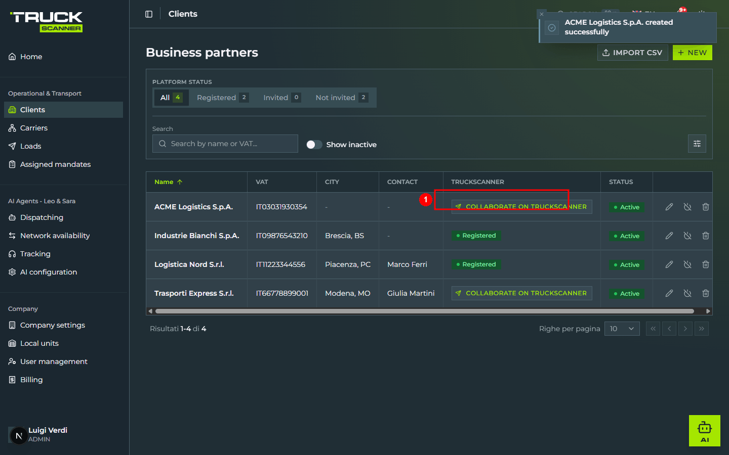 The «Business partners» table after creating «ACME Logistics S.p.A.»: the counters at the top read «All 4, Registered 2, Invited 0, Not invited 2». On the new client row the «COLLABORATE ON TRUCKSCANNER» button (1) is highlighted next to the «Active» badge.