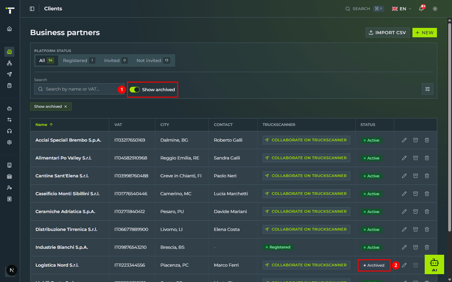 The Clients page with the «Show archived» toggle on (1) and the «Logistica Nord S.r.l.» client row showing the grey «Archived» badge in the Status column (2)
