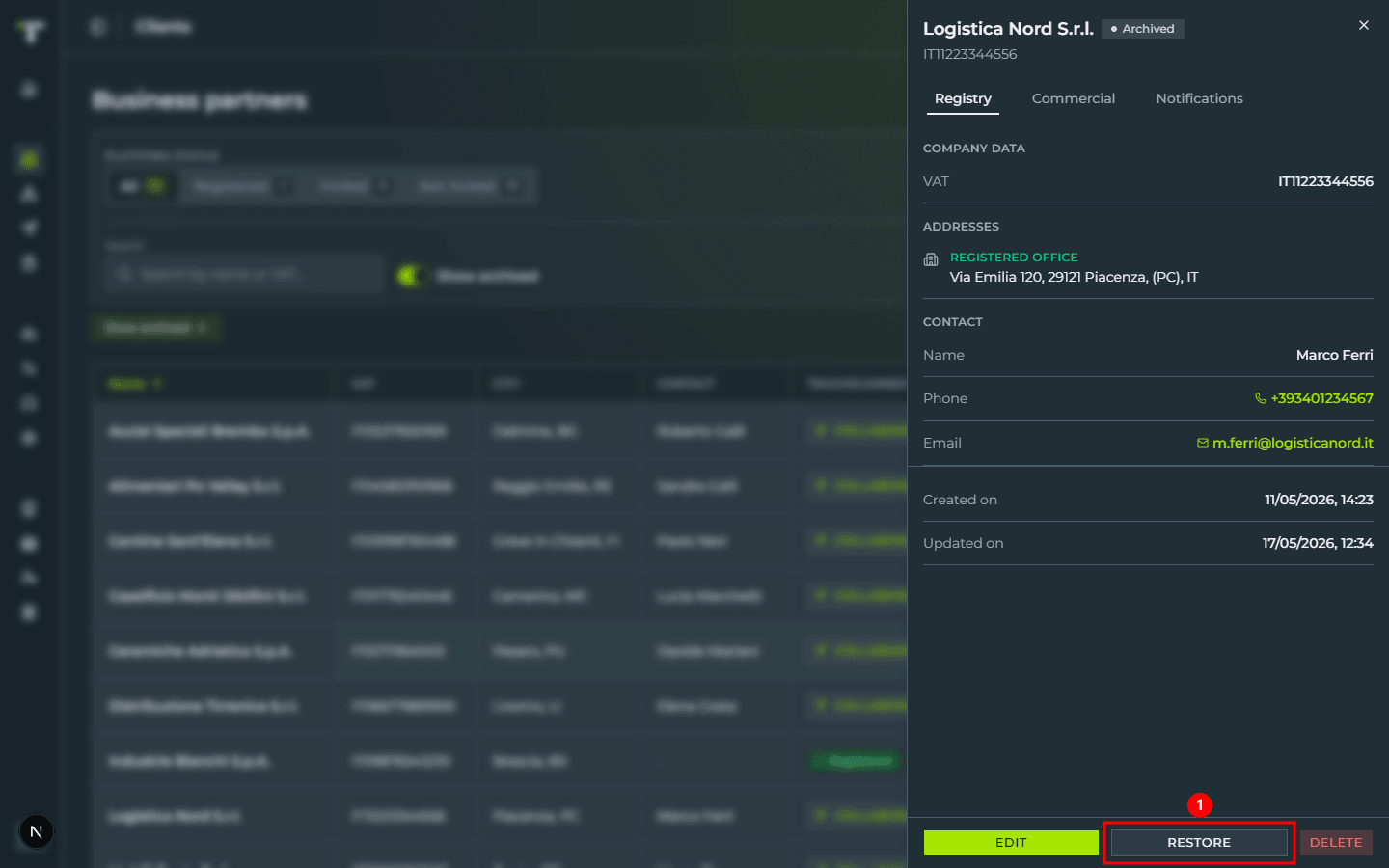 The detail drawer of the archived client «Logistica Nord S.r.l.», with the «Archived» badge at the top and the «RESTORE» button highlighted at the bottom, between «EDIT» and «DELETE»