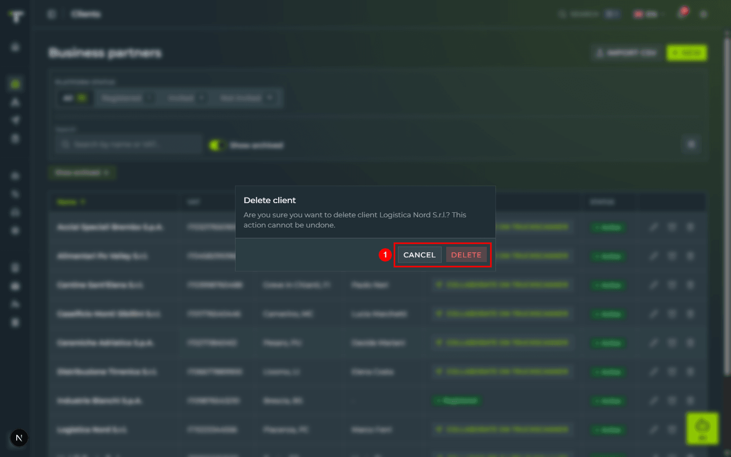 The «Delete client» confirmation dialog with the message «Are you sure you want to delete client Logistica Nord S.r.l.?» and the two buttons «CANCEL» and «DELETE» (red) highlighted