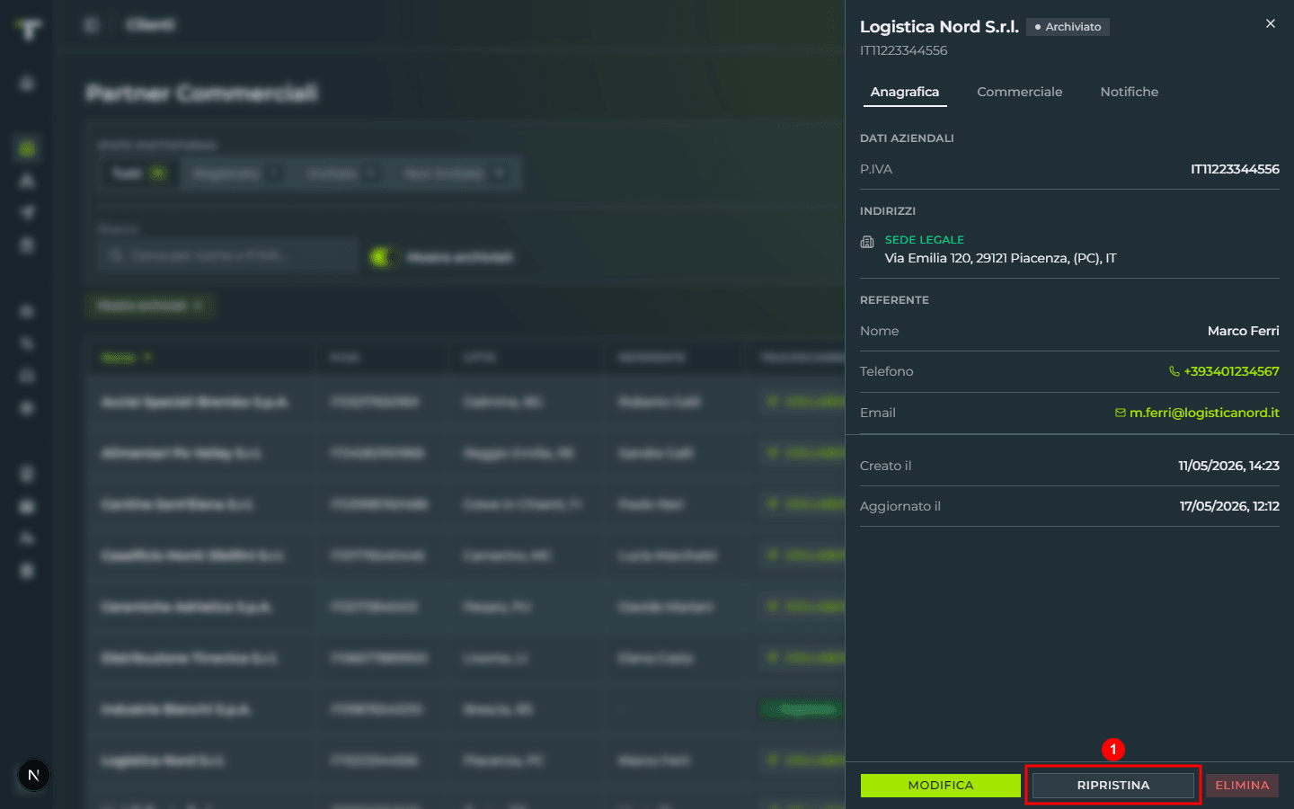 Il drawer di dettaglio del cliente archiviato «Logistica Nord S.r.l.», con il badge «Archiviato» in alto e il bottone «RIPRISTINA» evidenziato in fondo, tra «MODIFICA» ed «ELIMINA»