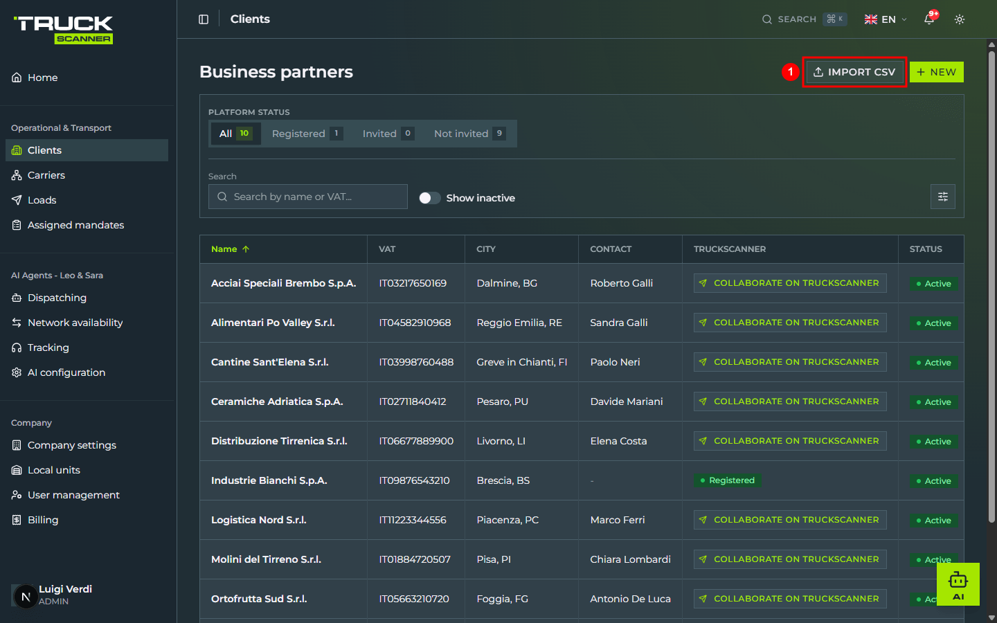 The «Business partners» page with the «IMPORT CSV» button highlighted at the top right of the header, next to the lime «+ NEW» button