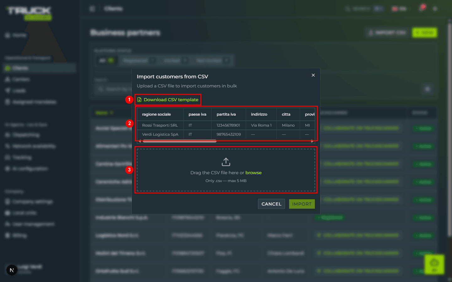 The «Import customers from CSV» dialog with the «Download CSV template» link (1), the column preview table (2) and the file upload area (3) highlighted