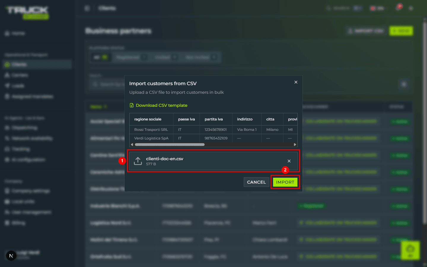 The import dialog with the «clienti-doc-en.csv» file selected and shown with its name and size (1), and the lime «IMPORT» button now active (2)