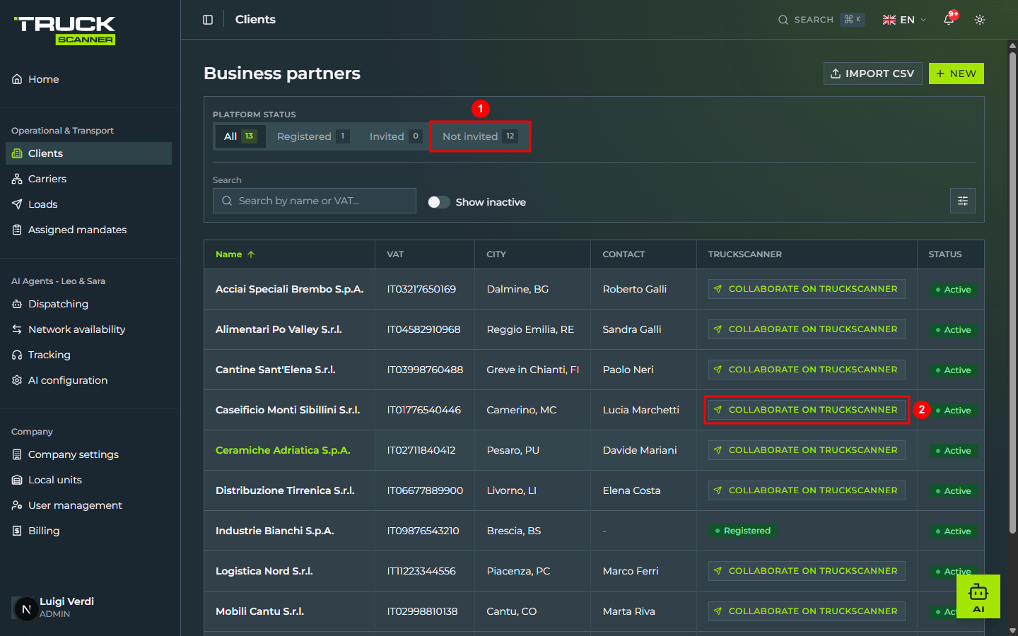 The «Business partners» table after the import: the «Not invited» tab counter has gone up (1) and each imported client shows the «COLLABORATE ON TRUCKSCANNER» button in the Truckscanner column (2)