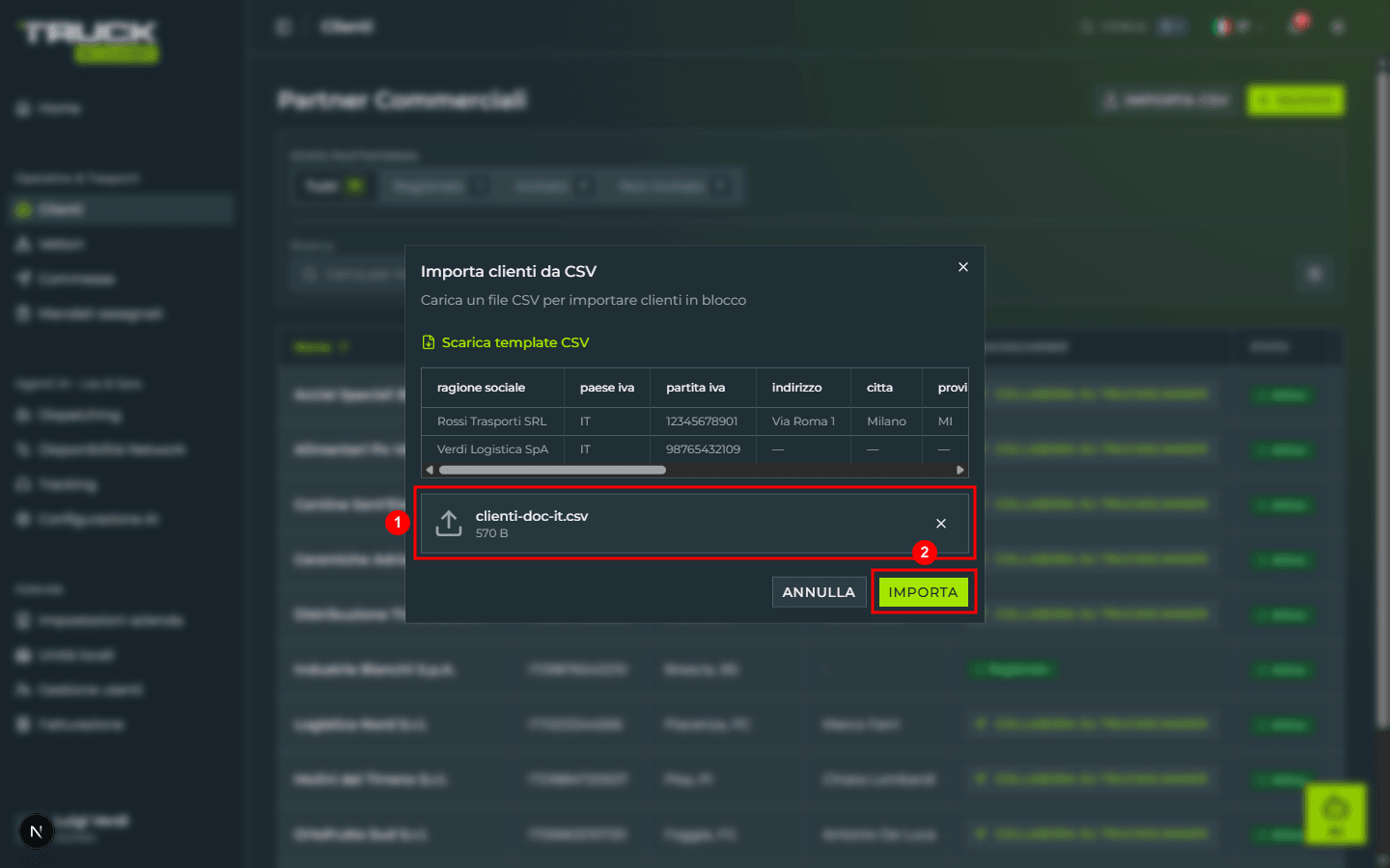 Il dialog di import con il file «clienti-doc-it.csv» selezionato e mostrato con nome e dimensione (1), e il bottone lime «IMPORTA» ora attivo (2)