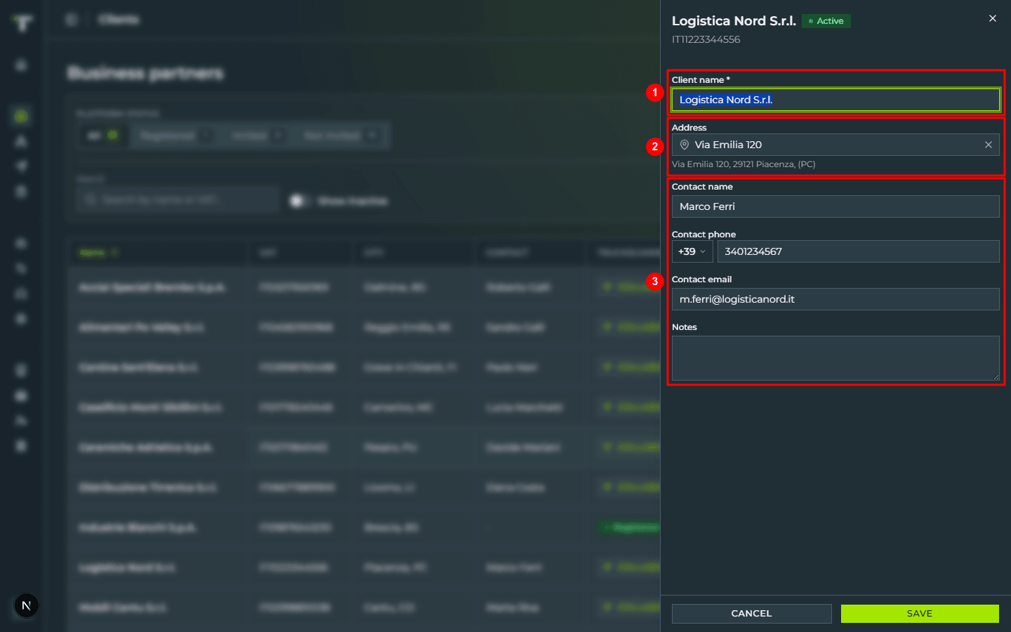 The «Logistica Nord S.r.l.» client drawer in edit mode: the required «Client name» field (1), the «Address» field with autocomplete (2) and the contact and «Notes» fields (3)