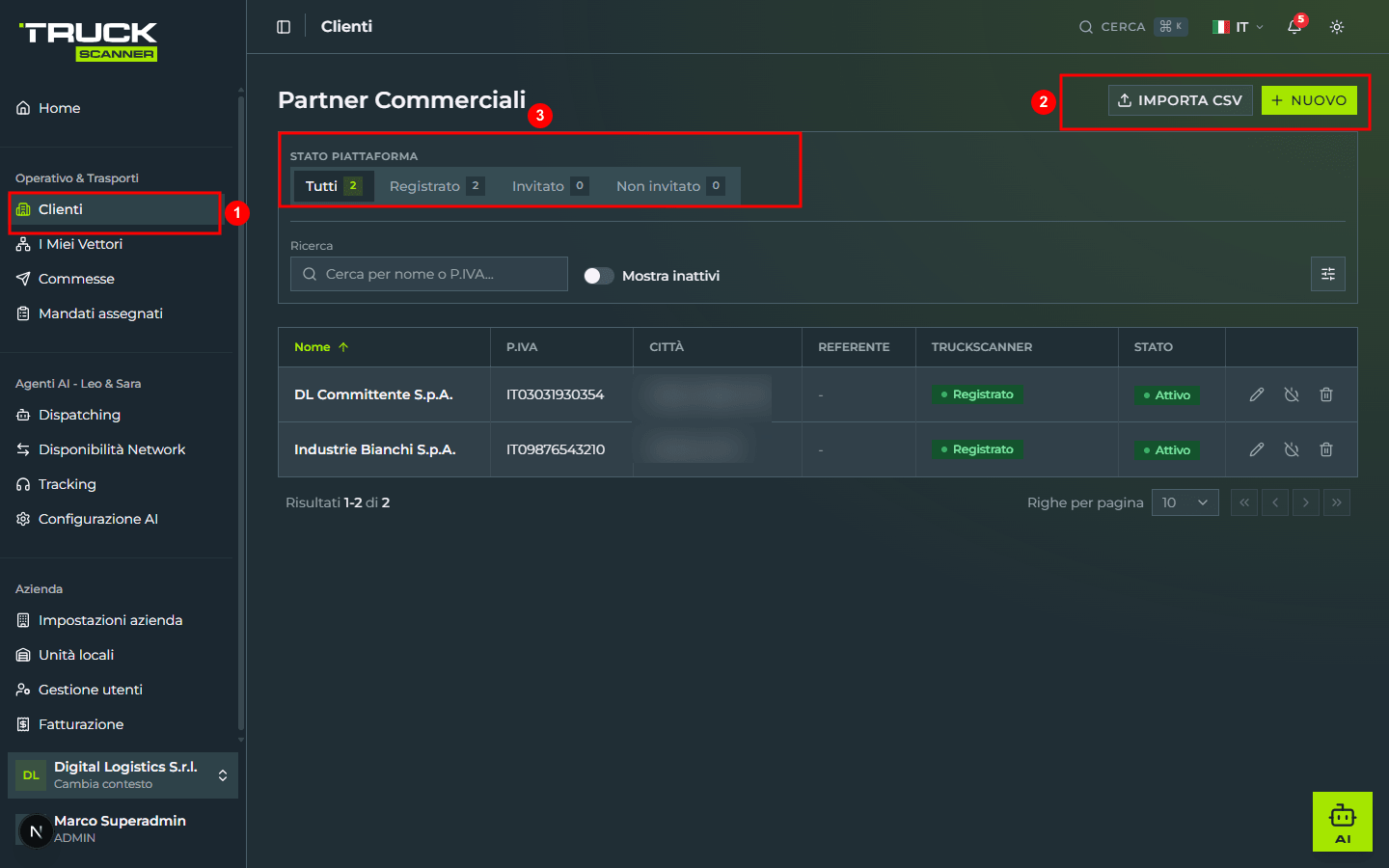 The «Partner Commerciali» page: the «Clienti» menu entry highlighted in the sidebar (1), the «IMPORTA CSV» and «+ NUOVO» buttons in the top right (2), and the «Stato piattaforma» tab bar with the Tutti / Registrato / Invitato / Non invitato counters (3)
