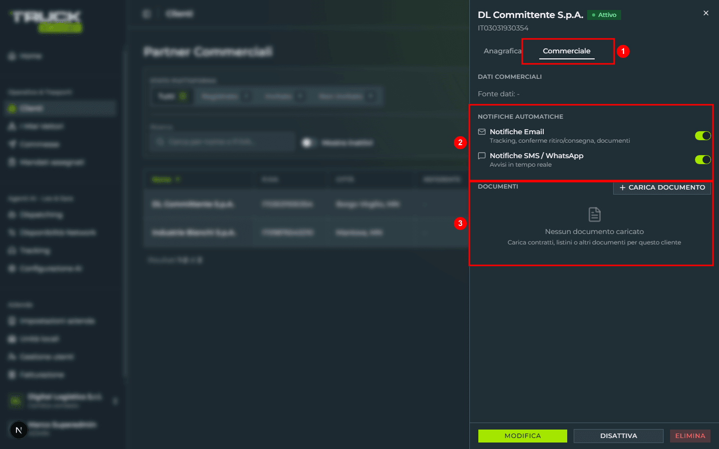 The drawer on the «Commerciale» tab: active tab highlighted (1), «Fatturazione elettronica» section with PEC and SDI code (2), and «Documenti» section with the «+ CARICA DOCUMENTO» button and the «Nessun documento caricato» empty state (3)