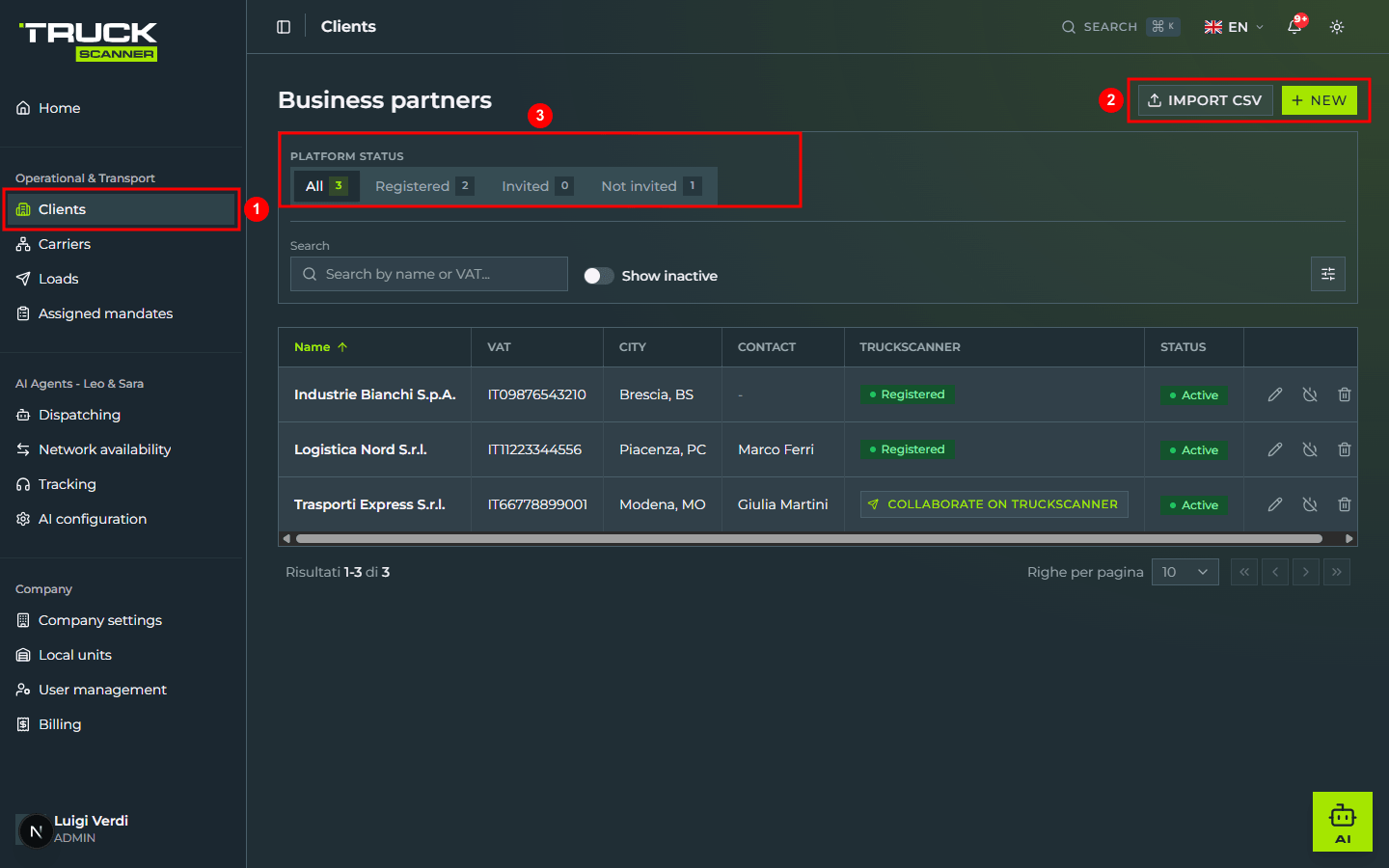 The «Business partners» page: the «Clients» menu entry highlighted in the sidebar (1), the «IMPORT CSV» and «+ NEW» buttons in the top right (2), and the «PLATFORM STATUS» tab bar with the All / Registered / Invited / Not invited counters (3)