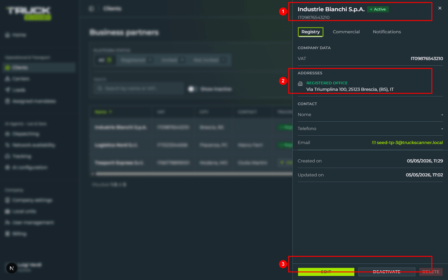 The client detail drawer on the «Registry» tab: header with company name, «Active» badge and VAT (1), the «ADDRESSES» section with the registered office highlighted in lime (2), and at the bottom the three buttons «EDIT» / «DEACTIVATE» / «DELETE» (3)