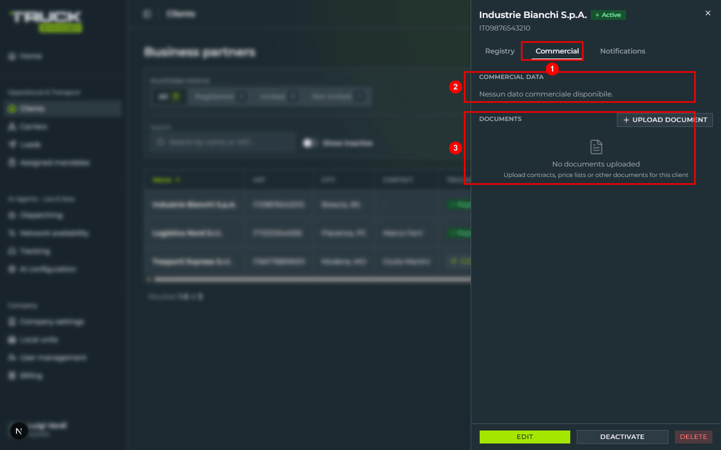 The drawer on the «Commercial» tab: active tab highlighted (1), «COMMERCIAL DATA» section with the «No commercial data available» empty state (2), and «DOCUMENTS» section with the «+ UPLOAD DOCUMENT» button and the «No documents uploaded» empty state (3)