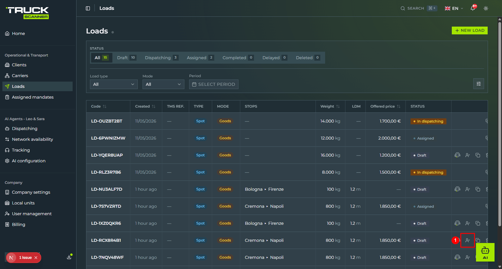 The Loads list with the draft row LD-RCX8R4B1 and the «ASSIGN CARRIER» action icon highlighted in the last column