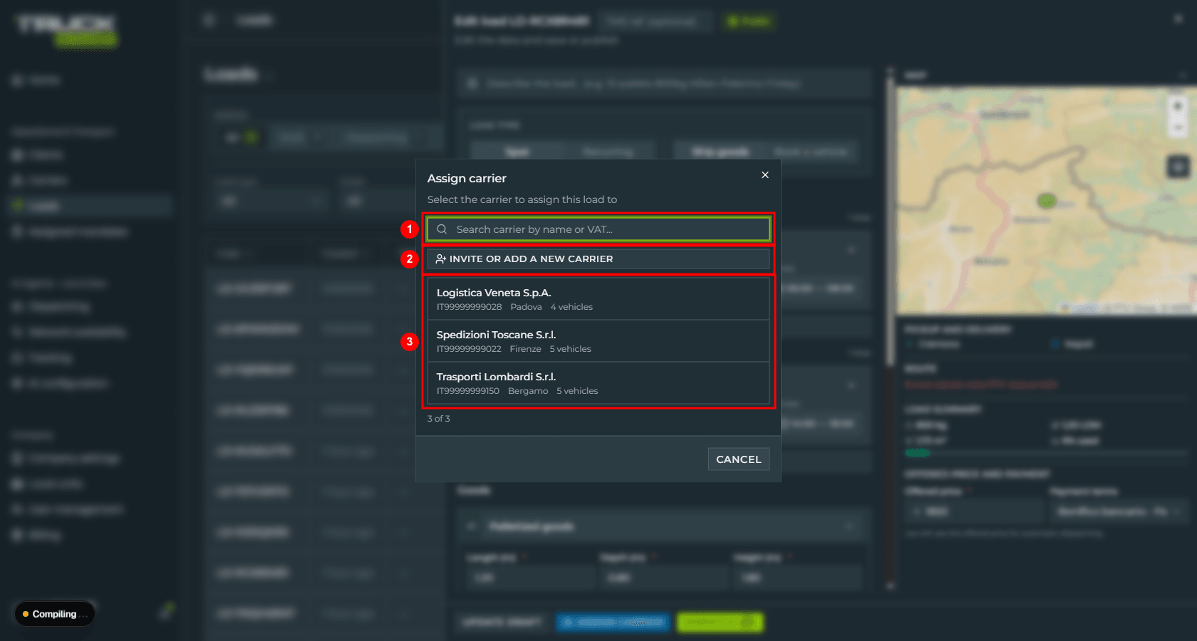 The «Assign carrier» dialog: the «Search carrier by name or VAT» field, the «Invite or add a new carrier» button and the list of three network carriers with VAT number, city and vehicle count