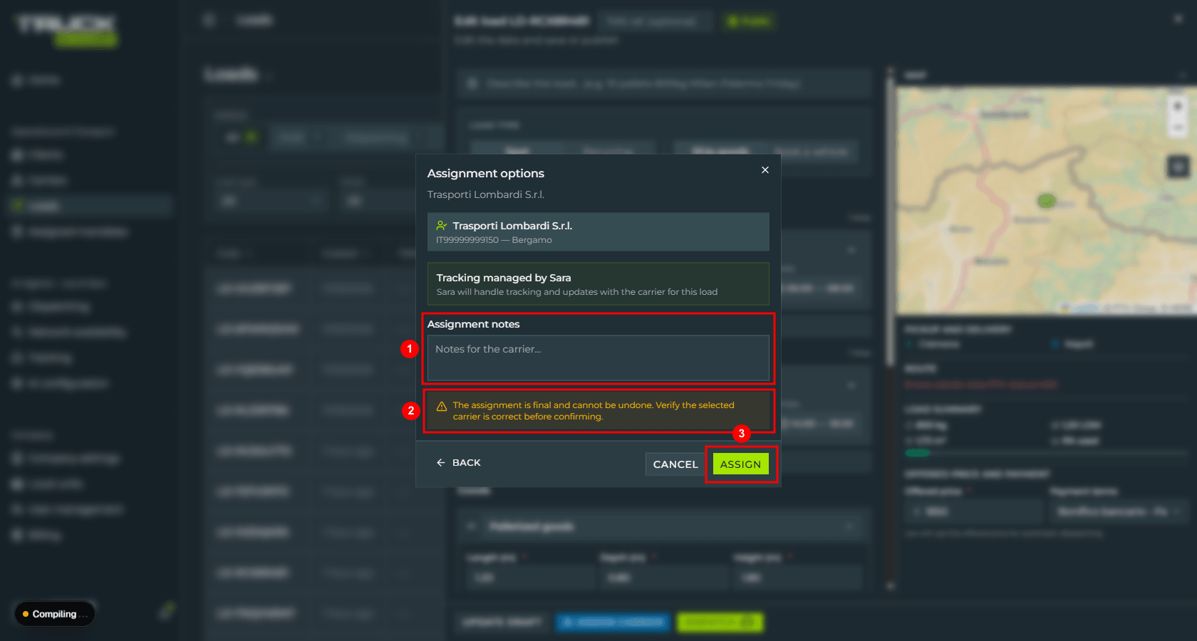 The second step «Assignment options»: the carrier card for Trasporti Lombardi, the «Tracking managed by Sara» box, the highlighted «Assignment notes» field, the amber warning that the assignment is final and the «Assign» button