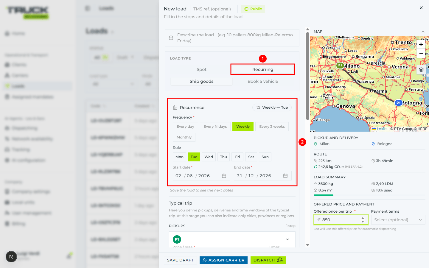 «New load» panel with the «Recurring» tab selected and the «Recurrence» section highlighted: Frequency, Rule with the days of the week, Start date and End date