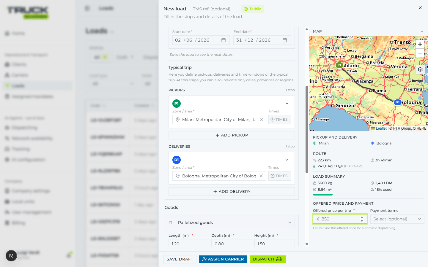 Recurring «New load» panel: «Typical trip» section with Pickup Milan and Delivery Bologna in the «Zone / area» field, Goods section with palletised goods, and in the sidebar the map with the route and the «Offered price per trip»