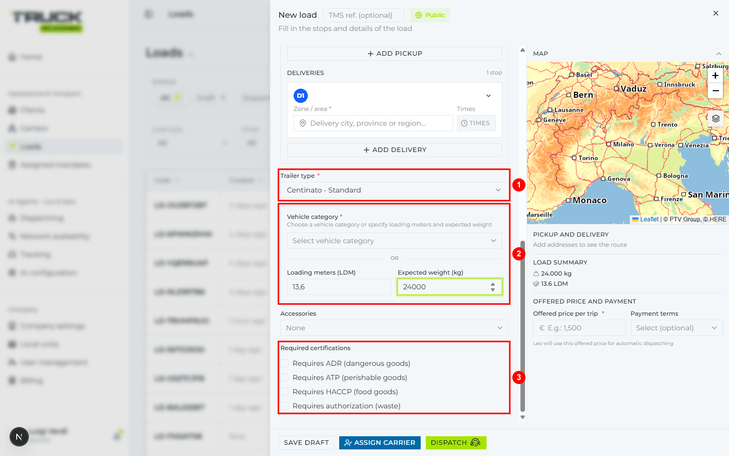 Recurring «New load» panel in «Book a vehicle» mode: three highlighted blocks — Trailer type, Vehicle category or Loading meters and Expected weight, Required certifications