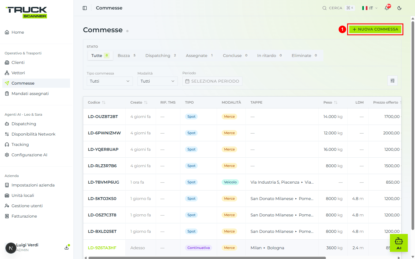 La pagina Commesse della dashboard forwarder con il bottone «+ NUOVA COMMESSA» evidenziato in alto a destra