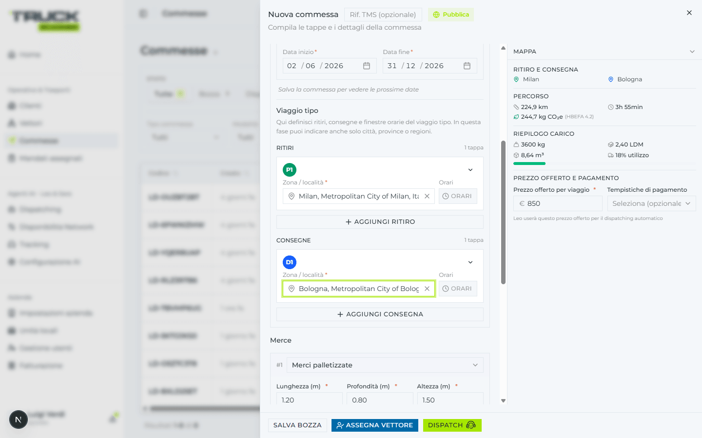 Pannello «Nuova commessa» continuativa: sezione «Viaggio tipo» con Ritiro Milano e Consegna Bologna nel campo «Zona / località», sezione Merce con merci palletizzate, e nella sidebar la mappa con il percorso e il «Prezzo offerto per viaggio»