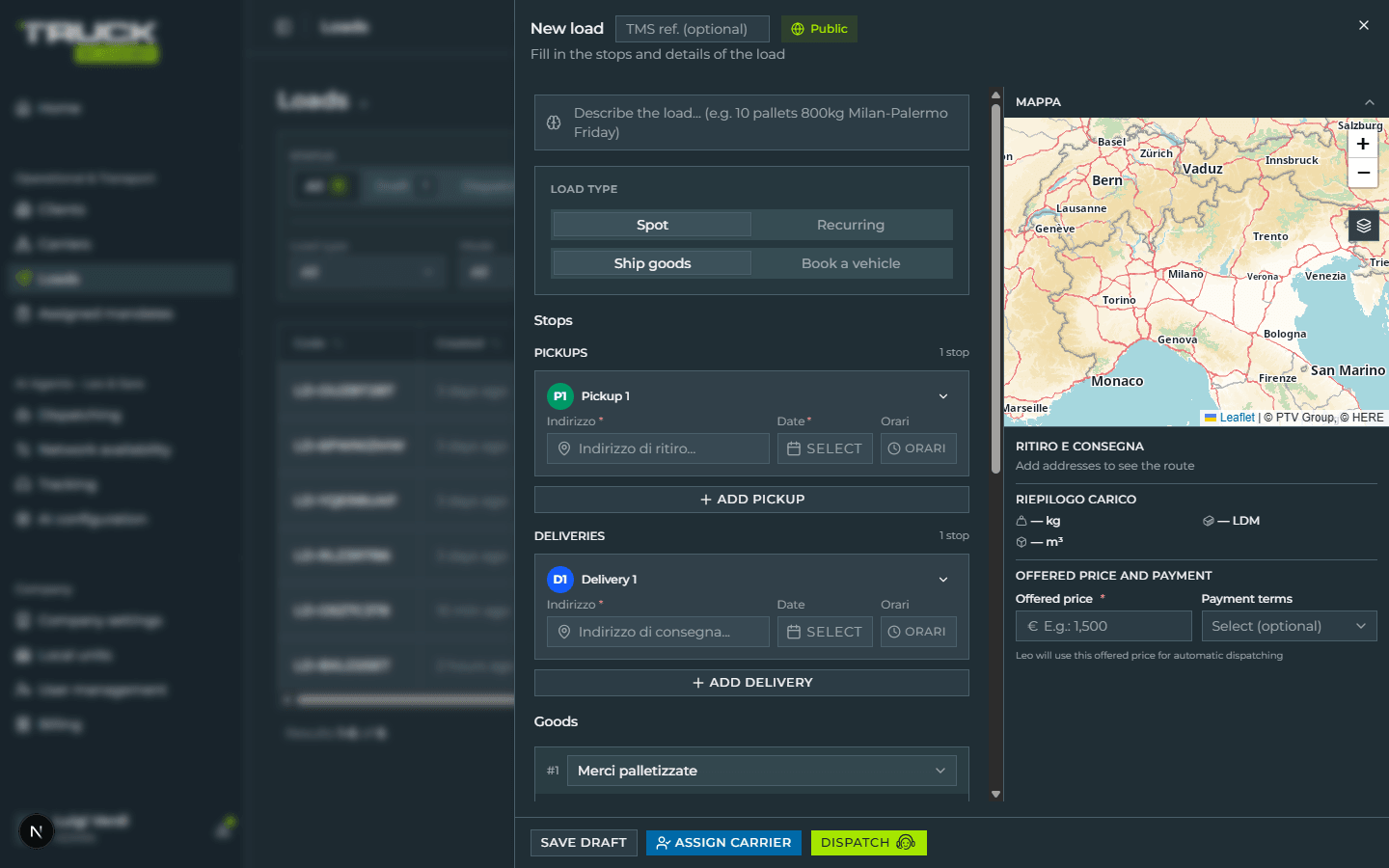 «New load» panel just opened: header, Spot/Recurring and Ship goods/Book vehicle toggles, Stops section with Pickup 1 and Delivery 1, Goods section with palletised goods, and in the right sidebar Map, Load summary and Offered price and payment