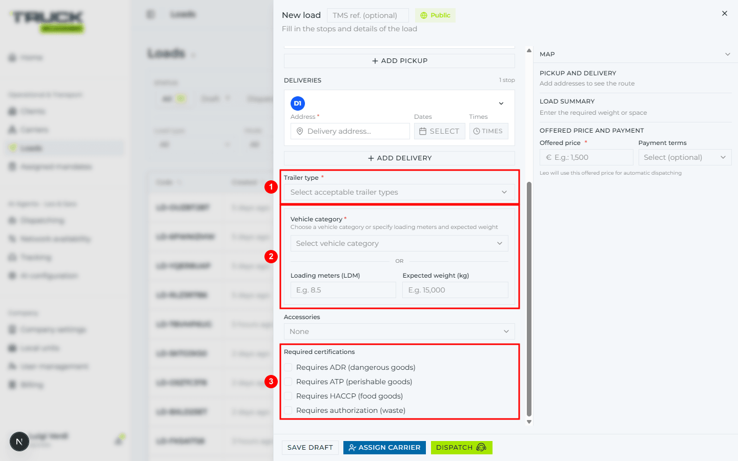 The «New load» panel in «Book a vehicle» mode: in place of the Goods section there are three blocks — Trailer type (1), Vehicle category or Loading meters and Expected weight (2), Required certifications (3)