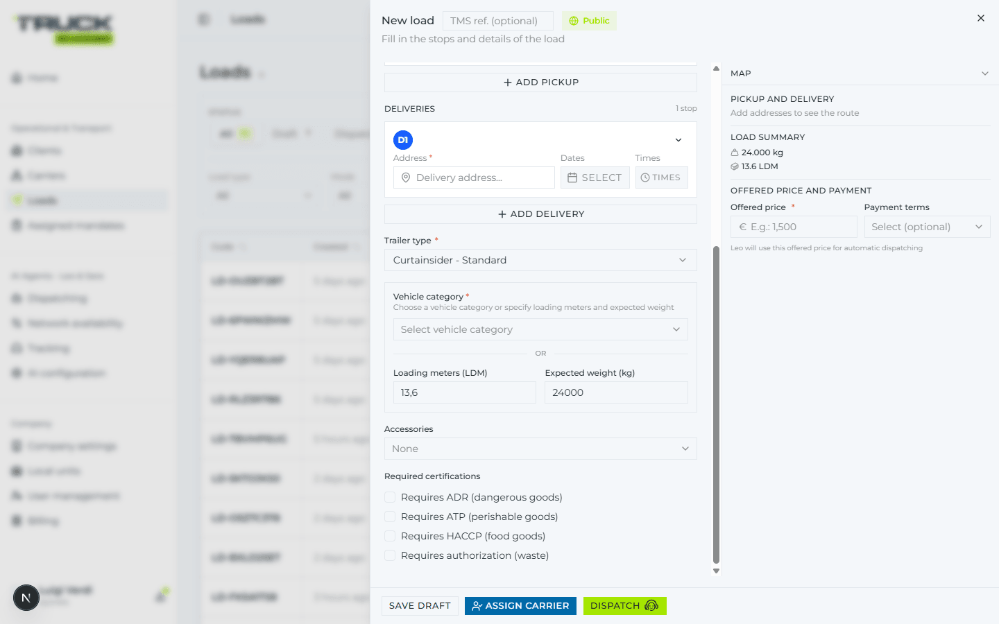 The vehicle requirements section filled in: trailer type «Curtainsider - Standard», loading meters 13.6 and expected weight 24000 kg; in the sidebar the «Load summary» shows 24,000 kg and 13.6 LDM