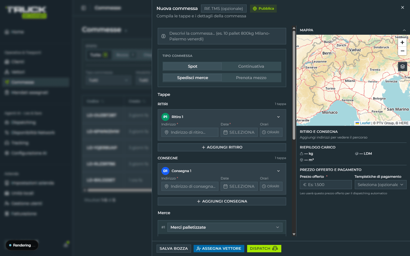 Pannello «Nuova commessa» appena aperto: header, toggle Spot/Continuativa e Spedisci merce/Prenota mezzo, sezione Tappe con Ritiro 1 e Consegna 1, sezione Merce con Merci palletizzate, e nella sidebar destra Mappa, Riepilogo carico e Prezzo offerto e pagamento