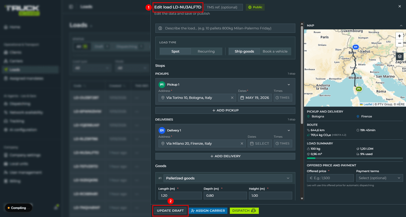 The edit panel with the title «Edit load LD-NU3ALF7D» highlighted at the top and the «UPDATE DRAFT» button highlighted at the bottom left