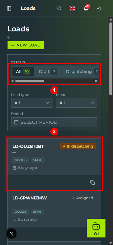 The «Loads» page at 375px viewport: the «Loads» title, the full-width «+ NEW LOAD» button, the horizontally scrollable status tab bar (1), the Load type and Mode filters side by side, and the card list of loads with code, status badge, chips and actions (2)