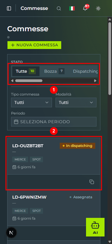 La pagina «Commesse» a 375px viewport: il titolo «Commesse», il bottone «+ NUOVA COMMESSA» full-width, la barra delle tab di stato scorrevole orizzontalmente (1), i filtri Tipo commessa e Modalità affiancati, e la lista a card delle commesse con codice, badge di stato, chip e azioni (2)