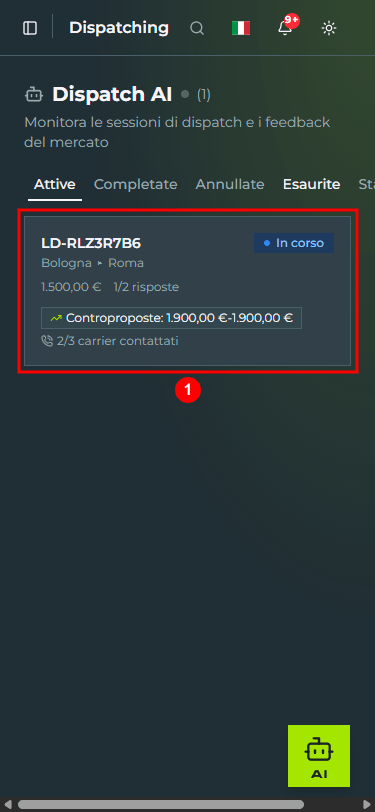 La pagina «Dispatching» a 375px di larghezza: il titolo «Dispatch AI», le cinque schede su una riga scorrevole e la tabella delle sessioni trasformata in una lista a card, con codice, stato, rotta, prezzo e sintesi del feedback (1)