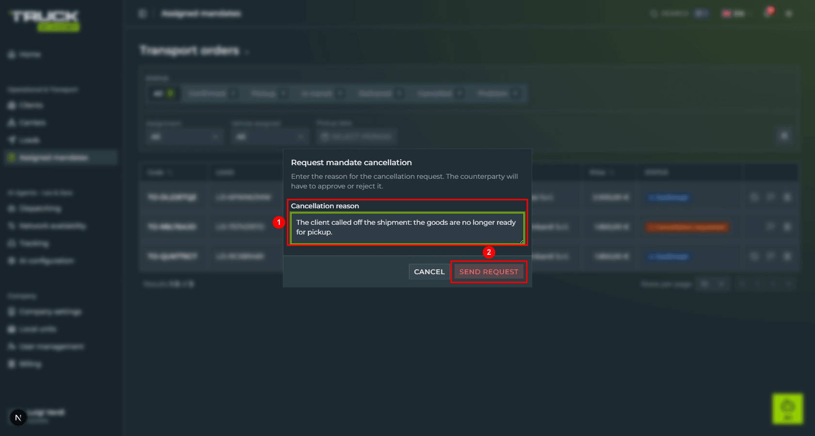 The «Request mandate cancellation» dialog with the filled «Cancellation reason» field highlighted and the «Send request» button highlighted