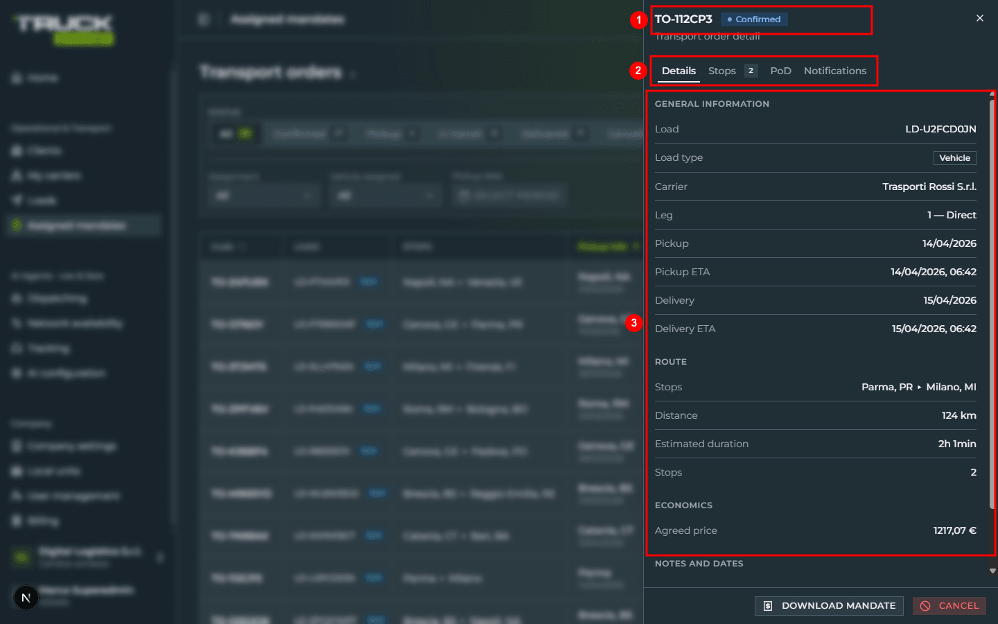 The detail drawer of mandate TO-112CP3: the header with code and the «Confirmed» status badge (1), the bar with the four tabs Details / Stops / PoD / Notifications (2), and the content of the Details tab with the General information, Route, Economics and Notes and dates sections (3)