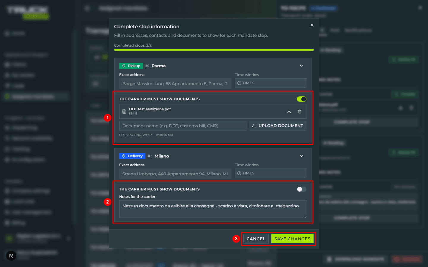 The «Complete stop information» dialog: for the Parma stop the «The carrier must show documents» toggle on with the uploaded DDT file, the «Document name» field and the «Upload document» button (1), for the Milano stop the same toggle off with the «Notes for the carrier» field (2), and the «Cancel» and «Save changes» buttons (3)