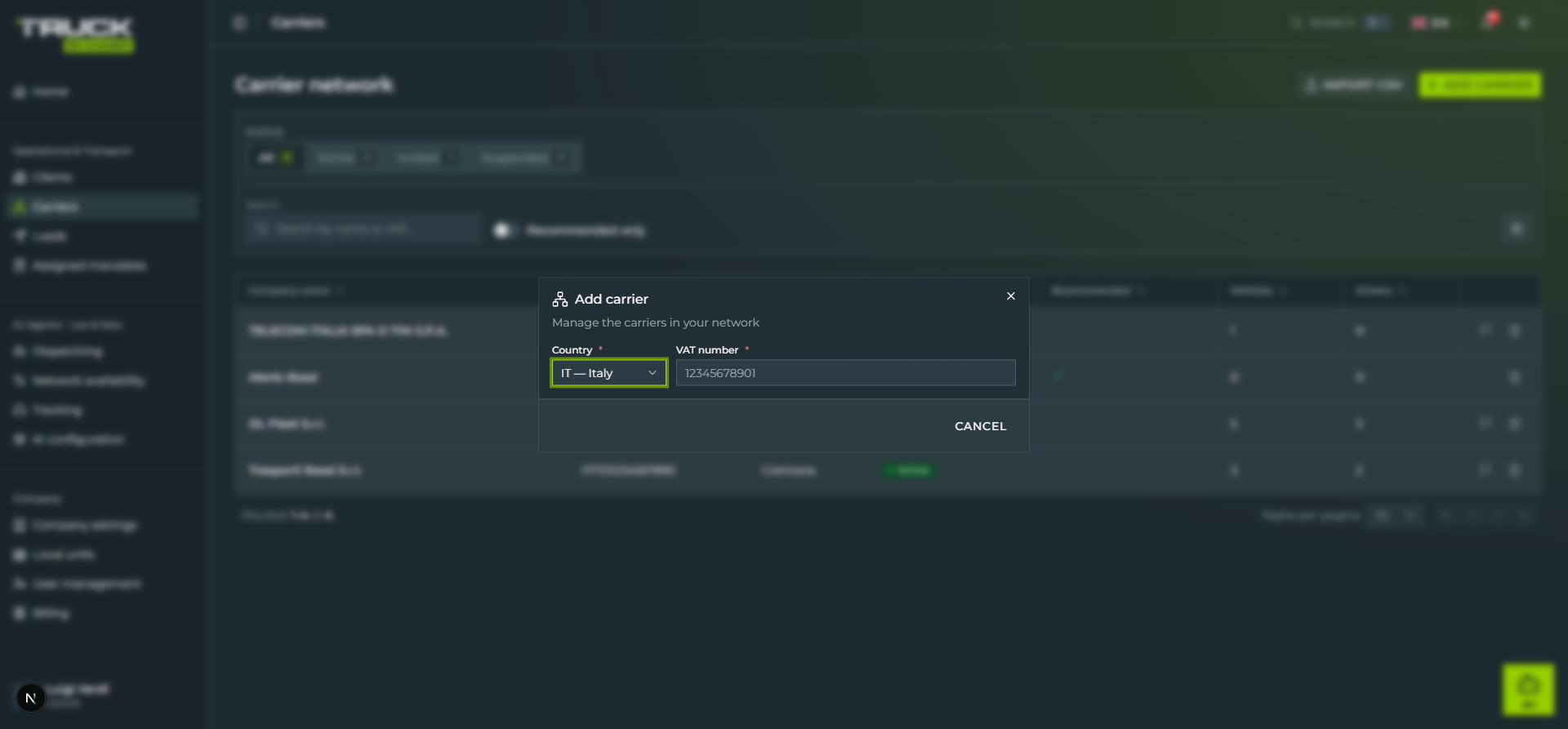 The «Add carrier» dialog just opened: header with network icon and title, subtitle «Manage the carriers in your network», Country select set to «IT — Italy» and VAT number field with placeholder «12345678901», «CANCEL» button at the bottom