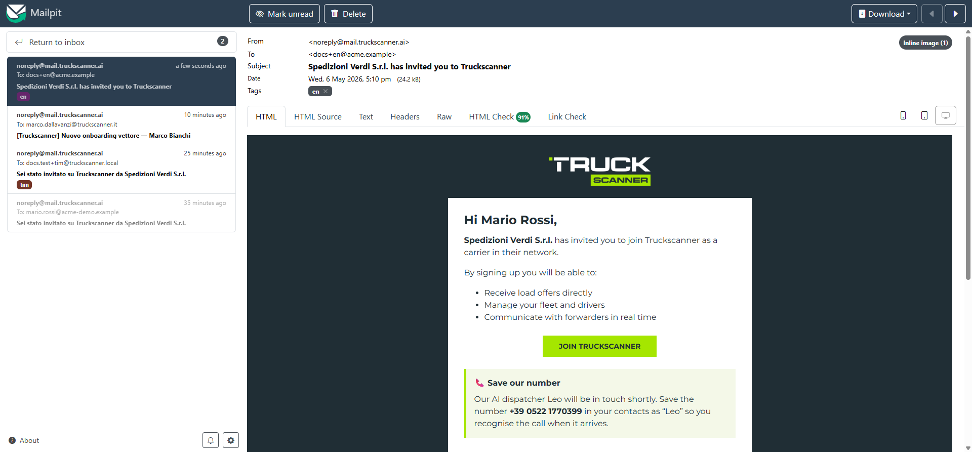 The NC-A03 email «Spedizioni Verdi S.r.l. has invited you to Truckscanner» rendered in Mailpit: header with Truckscanner logo, greeting «Hi Mario Rossi,», invitation text with the forwarder name in bold, three-bullet benefit list (Receive load offers directly, Manage your fleet and drivers, Communicate with forwarders in real time), lime CTA button «JOIN TRUCKSCANNER», green info-panel «📞 Save our number» instructing to save Leo's phone number «+39 0522 1770399» in the address book as «Leo»